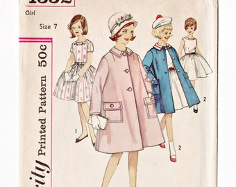 Simplicity 4332 Girls Coat, Dress 60s Vintage Sewing Pattern Uncut Size 7 Spring Coat, Full Gathered Skirt, Sleeveless, Short Sleeve