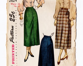 Simplicity 2624 Misses Straight Skirt 40s Vintage Sewing Pattern Waist 26 Hip 35 Midi Length