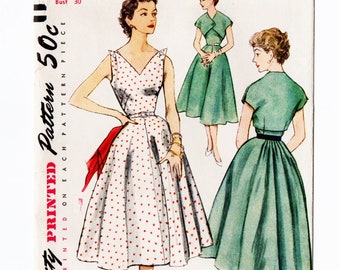 Simplicity 8479 Misses Dress, Short Jacket 50s Vintage Sewing Pattern Uncut Size 12 Bust 30 Sundress, Button Shoulder, Bolero, Flared Skirt