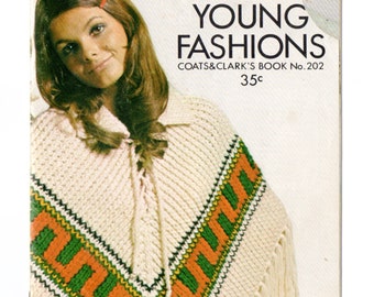 Young Fashions 70s Knit, Crochet Patterns Original Coats & Clark's Book 202 Poncho, Vest, Bikini, Cover Up, Belts Retro, Mod