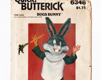 Butterick 6348 Childs Bugs Bunny Costume, Mask 70s Vintage Sewing Pattern Uncut Size 2 - 12 S, M, L Quick & Easy Halloween, Looney Tunes