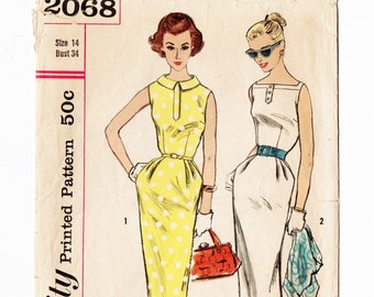 Simplicity 2068 Misses Slim Dress 50s Vintage Sewing Pattern Size 14 Bust 34 Wiggle Skirt, Sleeveless, Fitted, Round or Square Neckline