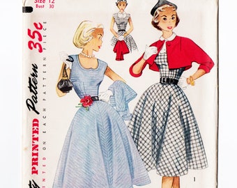 Simplicity 3802 Misses Dress, Bolero, Dickey 50s Vintage Sewing Pattern Uncut Size 12 Bust 30 Flared Skirt, Flared Back Bolero, Rockabilly