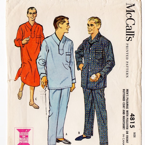 McCall's 4815 Men's Pajamas, Nightshirt 50s Vintage Sewing Pattern Size Small Chest 34 - 36 Pullover or Button Up, Long Sleeve Sleepwear