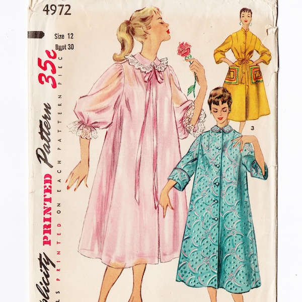 Simplicity 4972 Misses Robe, Duster 50s Vintage Sewing Pattern Size 12, Bust 30 Negligee, Housecoat, Front Button, 3/4 Sleeves