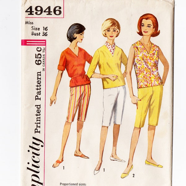 Simplicity 4946 Misses Proportioned Capri Pants, Top 60s Vintage Sewing Pattern Uncut Size 16 Bust 36 Peddle Pushers, Skimmers, Overblouse