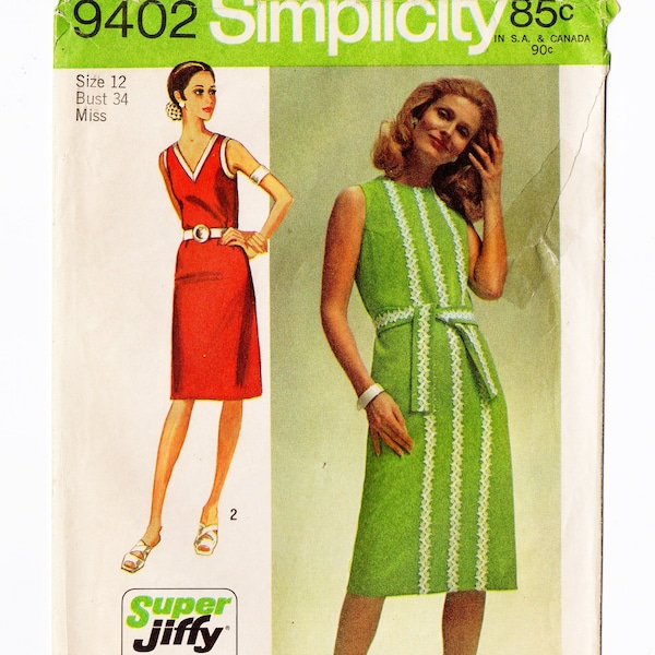 Simplicity 9402 Misses Super Jiffy Dress 70s Vintage Sewing Pattern Size 12, Bust 34, Sleeveless, V Neckline, Dart Fitted, Summer Casual