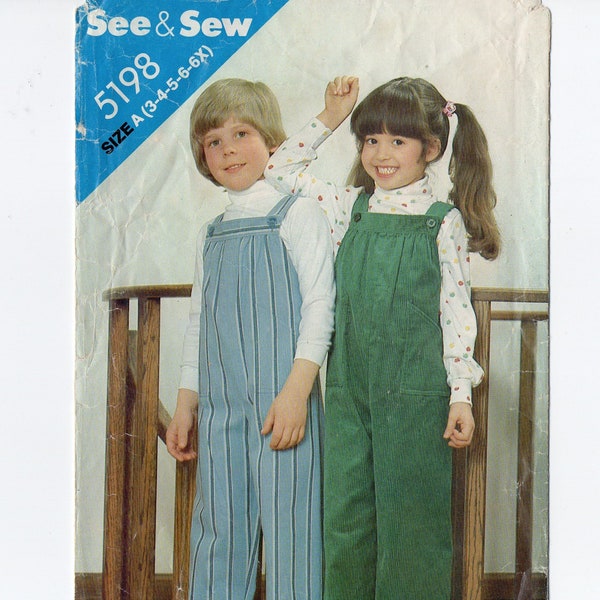 Butterick 5198 Boy, Girl Overalls, Jumpsuit Vintage Sewing Pattern Size Small 3 - 4 See & Sew Childs Pants, Straps, Pockets