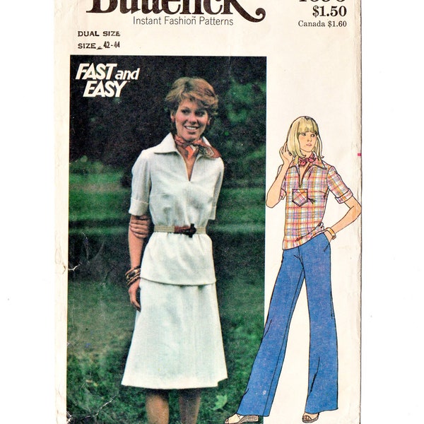 Butterick 4696 Misses Top, Skirt, Pants 70s Vintage Sewing Pattern Plus Size 42, 44 Bust 46, 48 Pullover Blouse, A Line Skirt Retro