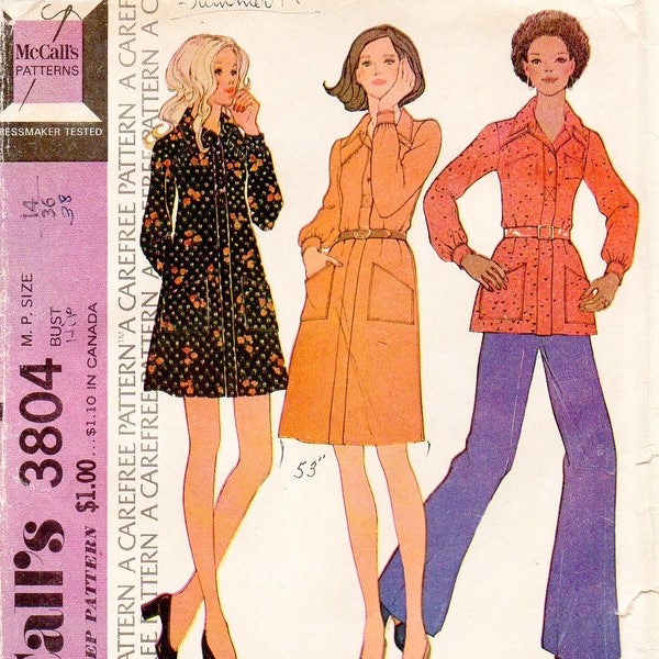 McCall's 3804 Misses Petite 70s Dress, Tunic, Pants Sewing Pattern Size 14 Uncut Yoked Shirtdress