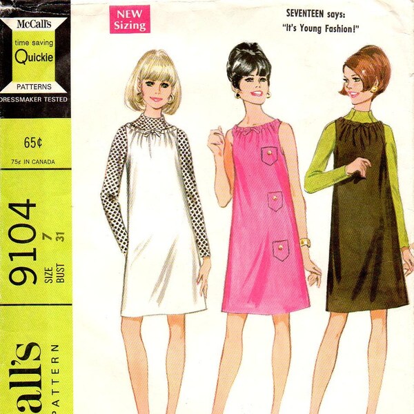 McCalls 9104 Misses Dress, Jumper, Blouse 60s Vintage Sewing Pattern  Size 7 Bust 31 Drawstring Neckline Shift