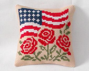 Flag, Roses Cross Stitch Mini Pillow Ornament 4th of July, Patriotic finished/completed