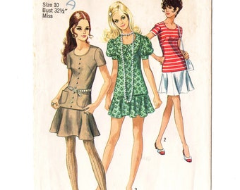 Simplicity 8780 Misses Top, Mini Skirt 70s Vintage Sewing Pattern Size 10 Flared Skirt, 2 Piece Dress