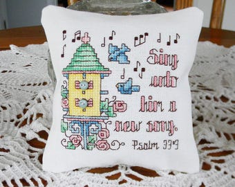 Sing Unto Him A New Song Cross Stitch Mini Pillow, Pillow Tuck, Button, Psalm, Bluebird, Bird House, Music, Home Decor, finished/completed