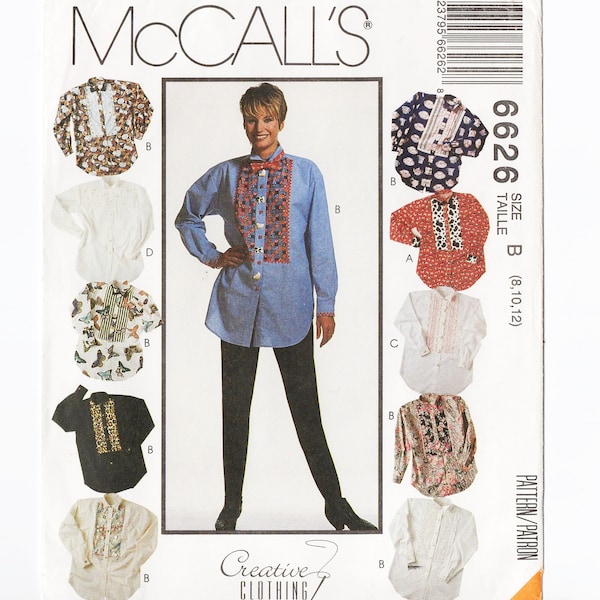 McCall's 6626 Misses Shirts, Bow Tie 90s Vintage Sewing Pattern Uncut Size 8, 10, 12 Loose Fitting, Front Bib, Creative Clothing