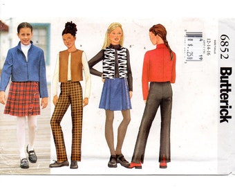 Butterick 6852 Girls Jacket, Vest, Skirt, Pants Vintage Sewing Pattern Uncut Size 12, 14, 16 Bust 30, 32, 34 Short Jacket, Pleated Skirt