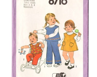 Simplicity 8716 Toddler Girls Jumper, Top, Pants 70s Vintage Sewing Pattern Uncut Size 2 & 3 Jiffy Casuals