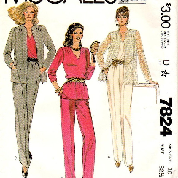 McCall's 7824 Misses Jacket, Top, Pants 80s Vintage Sewing Pattern Size 10 Bust 32 1/2 Unlined Lace Jacket Tucks