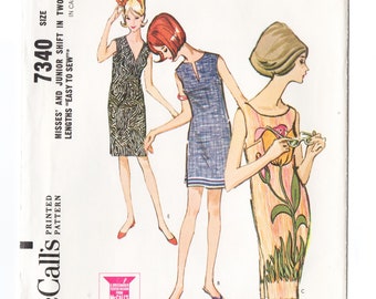 McCall's 7340 Misses Easy Shift Dress 60s Vintage Sewing Pattern Size Small 9, 10, 11 Sleeveless, Mini Dress, Neck Variations, Beginners