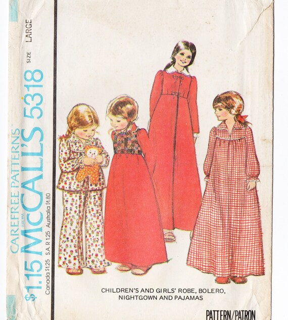 Mccall s 5318 Girls Nightgown Pajamas Robe 70s Vintage Sewing