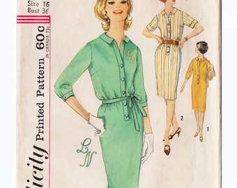 Simplicity 4766 Misses Shift Dress 60s Vintage Sewing Pattern Size 16 Bust 36 Pullover, Front Button, Short or 3/4 Sleeves