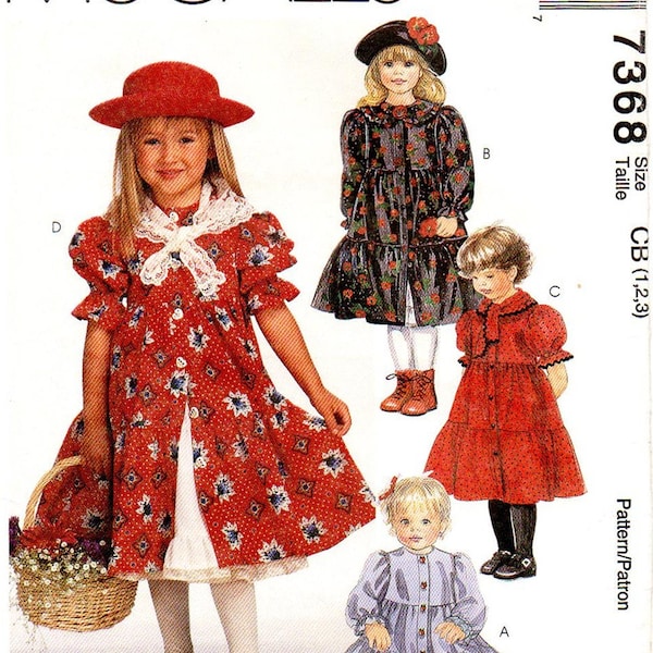 McCall's 7368 Girls Dress, Petticoat, Scarf, Flower Vintage Sewing Pattern Size 1, 2, 3  Uncut