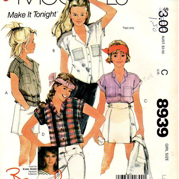 McCall's 8939 Girls Shirt 80s Brooke Vintage Sewing Pattern Size Large 12-14 Bust 30-32  Uncut