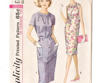 Simplicity 5406 Misses Shift Dress 60s Vintage Sewing Pattern Size 12 Bust 32 Neck Gathers, Straight Skirt, Big Pockets, Casual