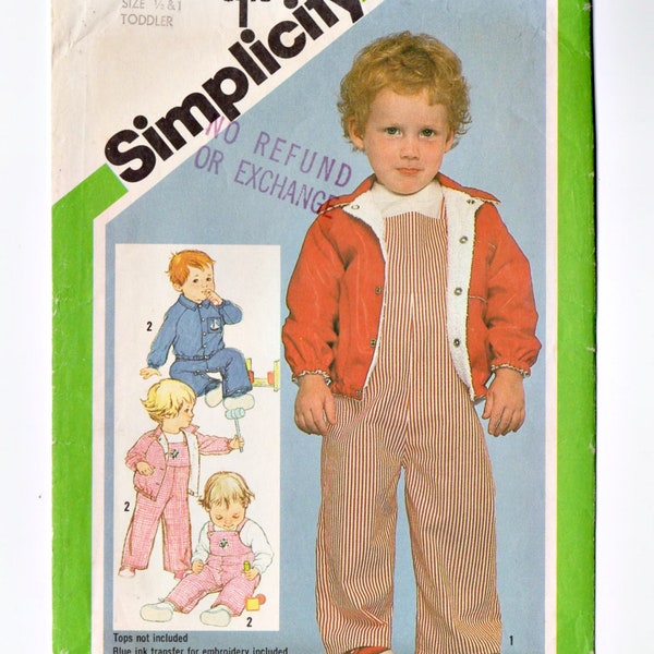 Simplicity 9820 Toddlers Overalls, Jacket 80s Vintage Sewing Pattern Size 1/2, 1 Boy, Girl Lined Jacket, Raglan Sleeves, Bib Overalls