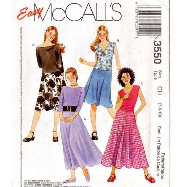 McCall's 3550 Girls Tops, Bias Skirts Easy Sewing Pattern Uncut Size 7, 8, 10 Chest 26, 27, 28 1/2 Flared Skirt