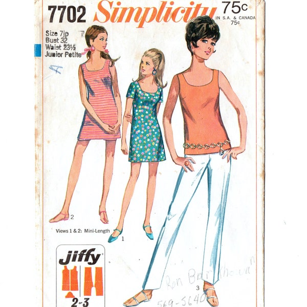 Simplicity 7702 Misses Dress, Top, Pants 60s Vintage Sewing Pattern Size 7 JP Jiffy Mini Tank Dress, Shorts