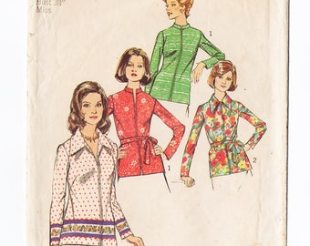 Simplicity 6466 Misses Front Zip Top 70s Vintage Sewing Pattern Size 16 Bust 38 Long Sleeves, Shirt, Zip Up, Border Print