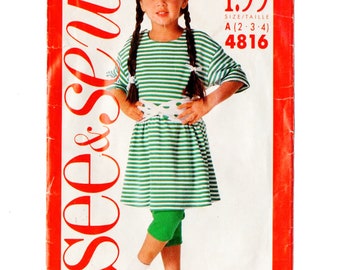 Butterick 4816 Girls Knit Top, Skirt, Leggings 90s Vintage Sewing Pattern Size 2, 3, 4 Toddler Loose Fitting Casual See & Sew