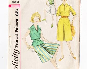 Simplicity 3866 Misses Culottes, Blouse 60s Vintage Sewing Pattern Size 16 Bust 36 Pullover Shirt, Summer Casuals