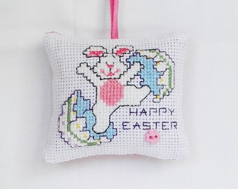 Happy Easter Cross Stitch Mini Pillow Ornament Bunny, Egg finished/completed