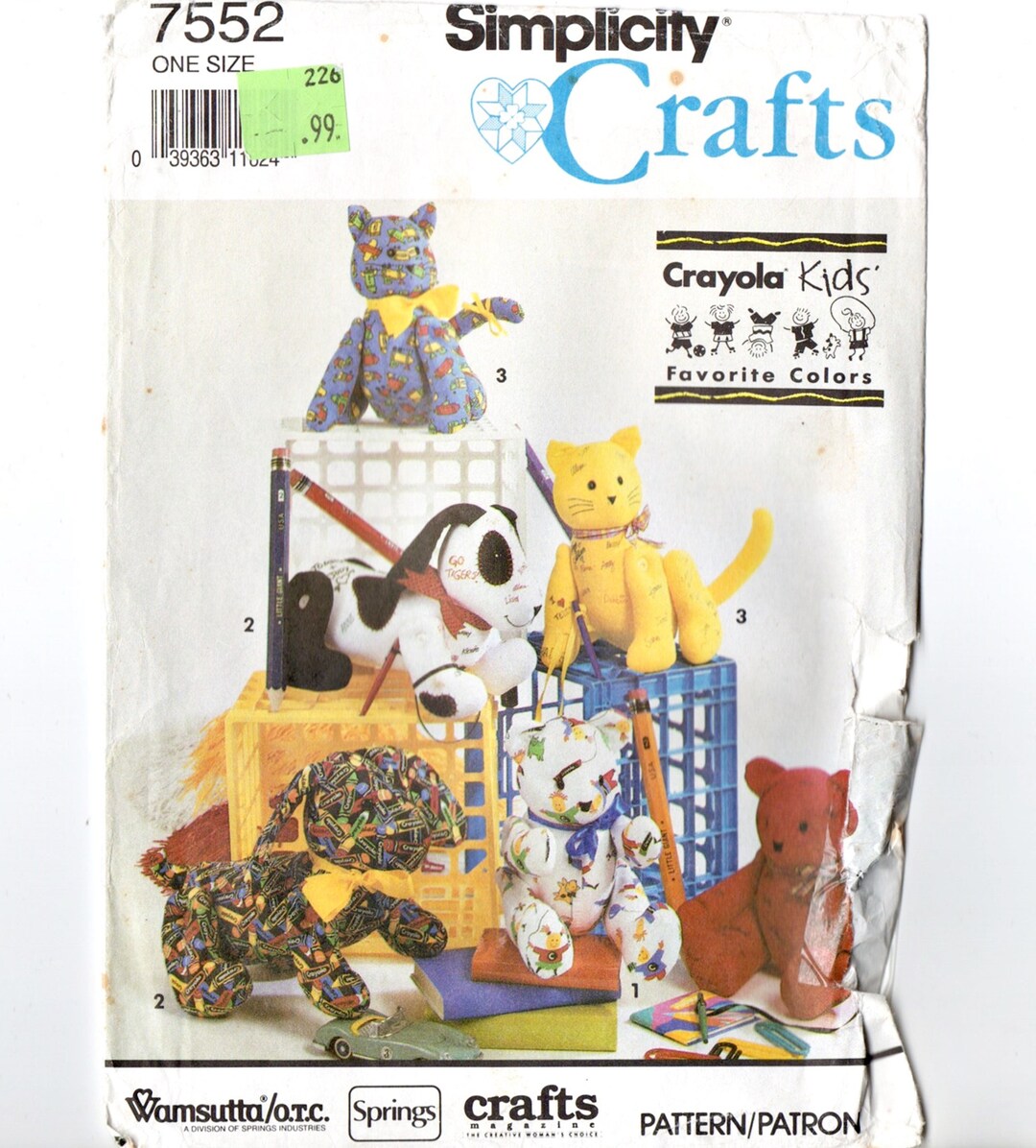 Simplicity 7552 Autograph Dog, Cat, Bear 90s Vintage Sewing Pattern