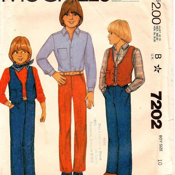 McCall's 7202 Boys Western Shirt, Pants, Vest Vintage Sewing Pattern Size 10 Chest 28