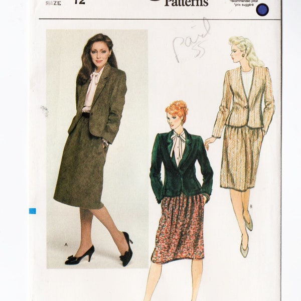 Vogue 8106 Misses Suit Jacket, Skirt 80s Vintage Sewing Pattern Uncut Size 12 Bust 34 One Button Jacket, Straight Gathered Skirt