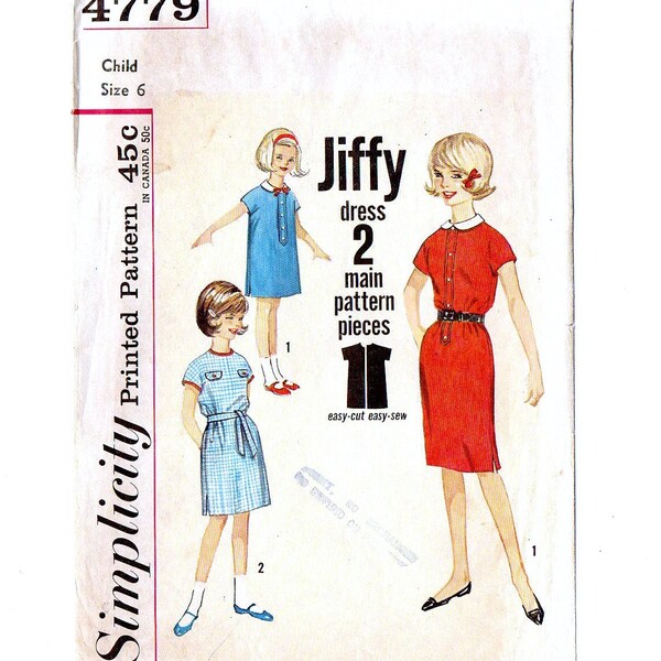 Simplicity 4779 Girls Shift Dress 60s Vintage Sewing Pattern Size 6 Chest 24