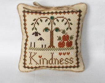 Kindness Cross Stitch Mini Pillow: Primitive Sheep & Pumpkins Decor Finished/Completed