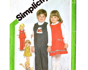 Simplicity 5241 Boy, Girl Sundress Jumper Overalls Romper 80s Vintage Sewing Pattern Size 4 Shoulder Tab Button Pants Shorts Top