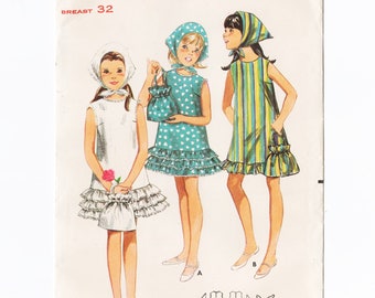 Butterick 4357 Girls Dress, Scarf, Bag 60s Vintage Sewing Pattern Uncut Size 14 Bust 32 Shift, Sleeveless, Hem Ruffles, Drawstring Bag