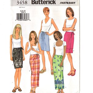 Butterick 3458 Misses Mock Wrap Skirt, Sarong Vintage Sewing Pattern Uncut Size 6, 8, 10 Front or Side Tie, 3 Lengths, Very Easy