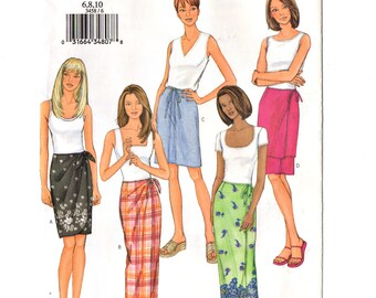 Butterick 3458 Misses Mock Wrap Skirt, Sarong Vintage Sewing Pattern Uncut Size 6, 8, 10 Front or Side Tie, 3 Lengths, Very Easy