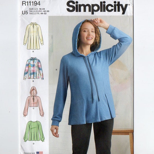 Simplicity R11194 Misses Sweatshirts, Hoodie Sewing Pattern Uncut Size 16, 18, 20, 22, 24 Pullover, Hooded, Raglan, Lower Pleats, Cropped