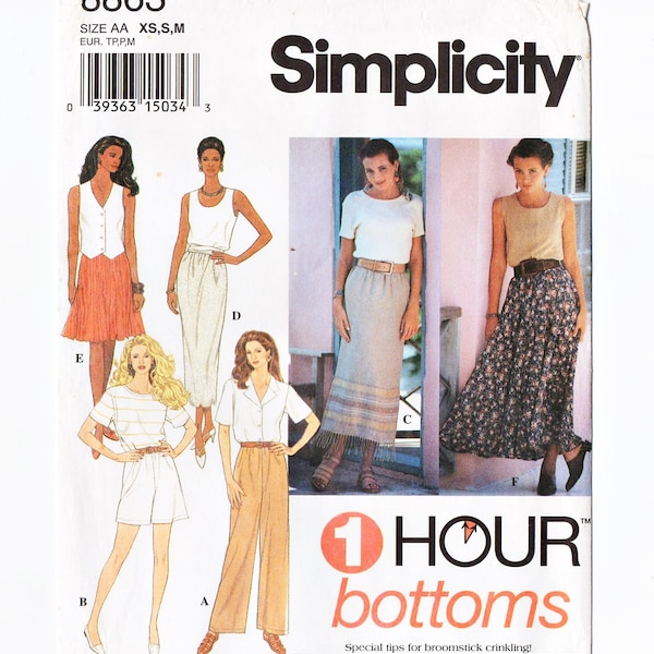 Simplicity 8863 Misses 1 Hour Skirts, Pants, Shorts 90s Vintage Sewing Pattern Uncut Size XS, S, M 6 - 16 Circle or Straight Skirt