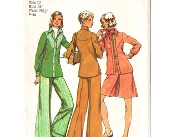 Simplicity 5931 Misses Shirt Jacket, Pantskirt, Pants 70s Vintage Sewing Pattern Size 12 Bust 34 Culottes, Shaped Yokes, Wide Cuffed Pants