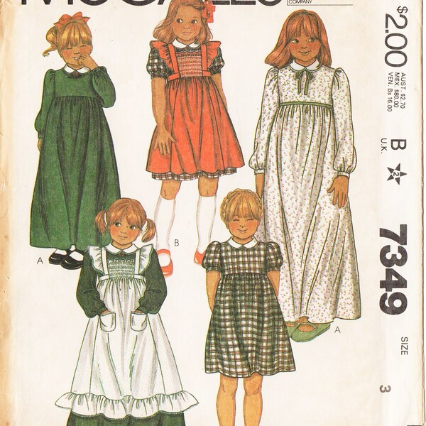 McCall's 7349 Girls Smocked Pinafore, Dress 80s Vintage Sewing Pattern Uncut Size 3 Maxi Dress, Pinafore With Smocking