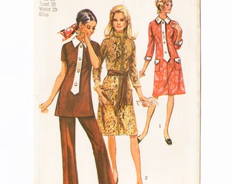 Simplicity 9170 Misses Dress, Tunic, Pants 70s Vintage Sewing Pattern Size 16 Bust 38 Zip Front Closing, Semi Fitted