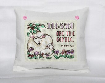 Blessed Are The Gentle Cross Stitch Mini Tuck Pillow, Sheep, Psalm, Inspirational, Religious Finished/Completed